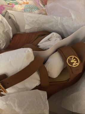 Michael Kors Tan Leather Logo Wedge Sandals